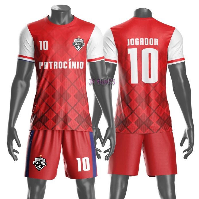 Uniforme jogador futebol amador esportivo camiseta e calção personalizavél nome número escudo mo 132