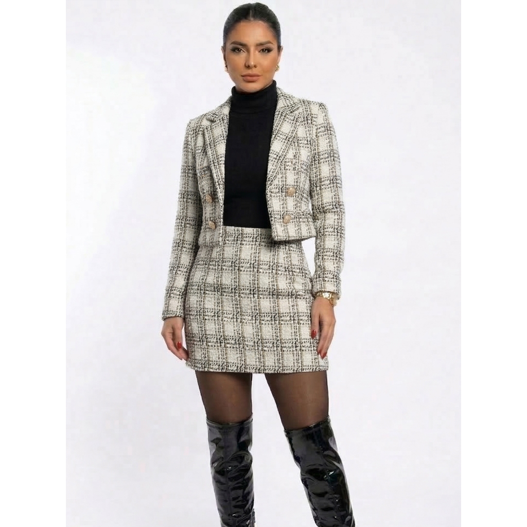 Conjunto Short Saia e Blazer Curto Malha Tweed Xadrez Lurex Elegante Premium Inverno Outono