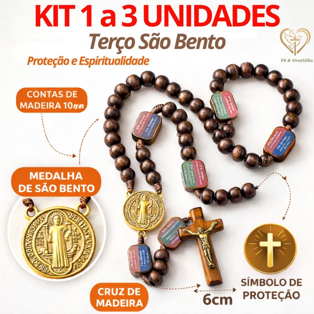 1 a 3 Terços Madeira Contemplação Dos Mistérios São Bento Católico Proteção e Fé