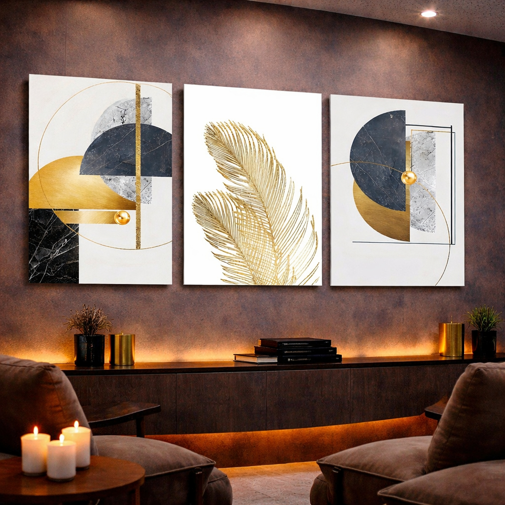 Kit Quadros Decorativos Mosaico Geométrico Folha Ouro Abstrato Conceitual Quarto Sala em Oferta na Shopee