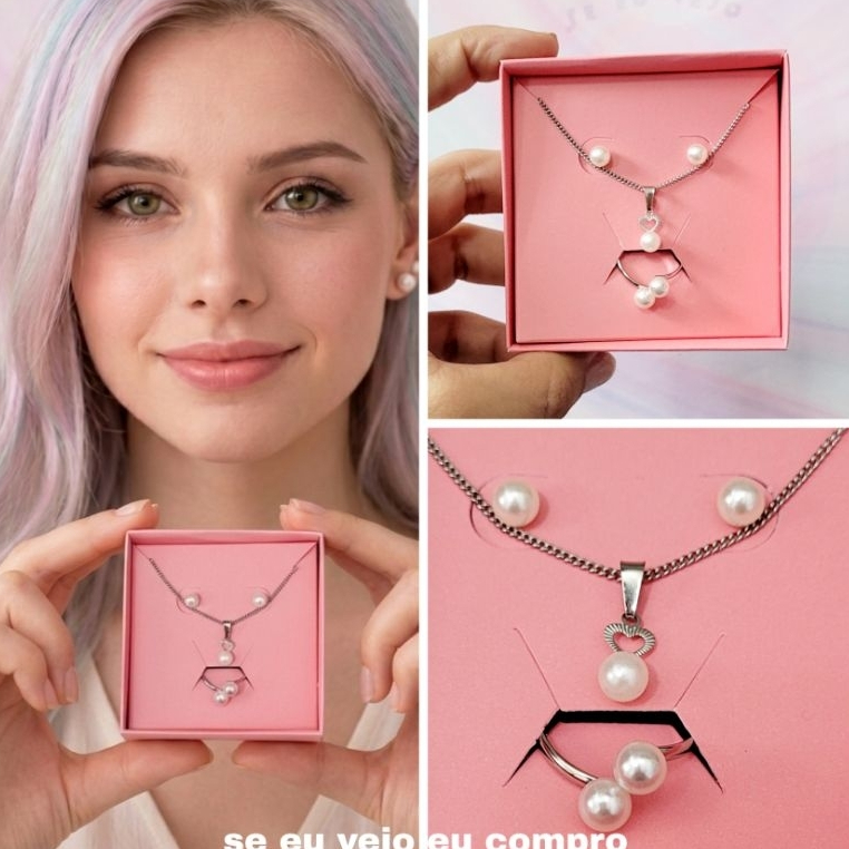 Conjunto pérola aço inox colar anel brinco pingente pérola cirúrgico feminina pérolas perola presente