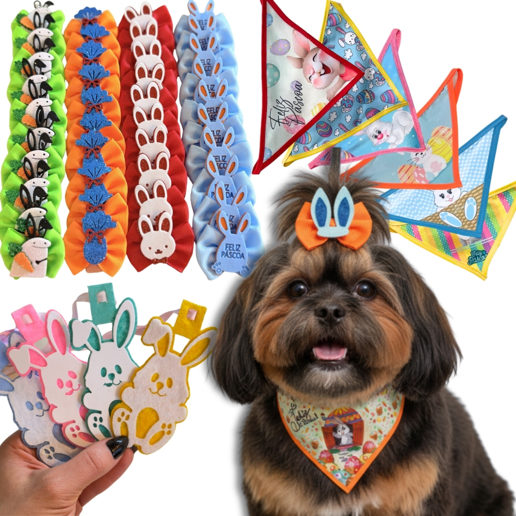 Kit Laços Pet Páscoa Lacinhos Gravatas Bandanas Gargantilhas Apliques Acessórios Banho e Tosa Cães
