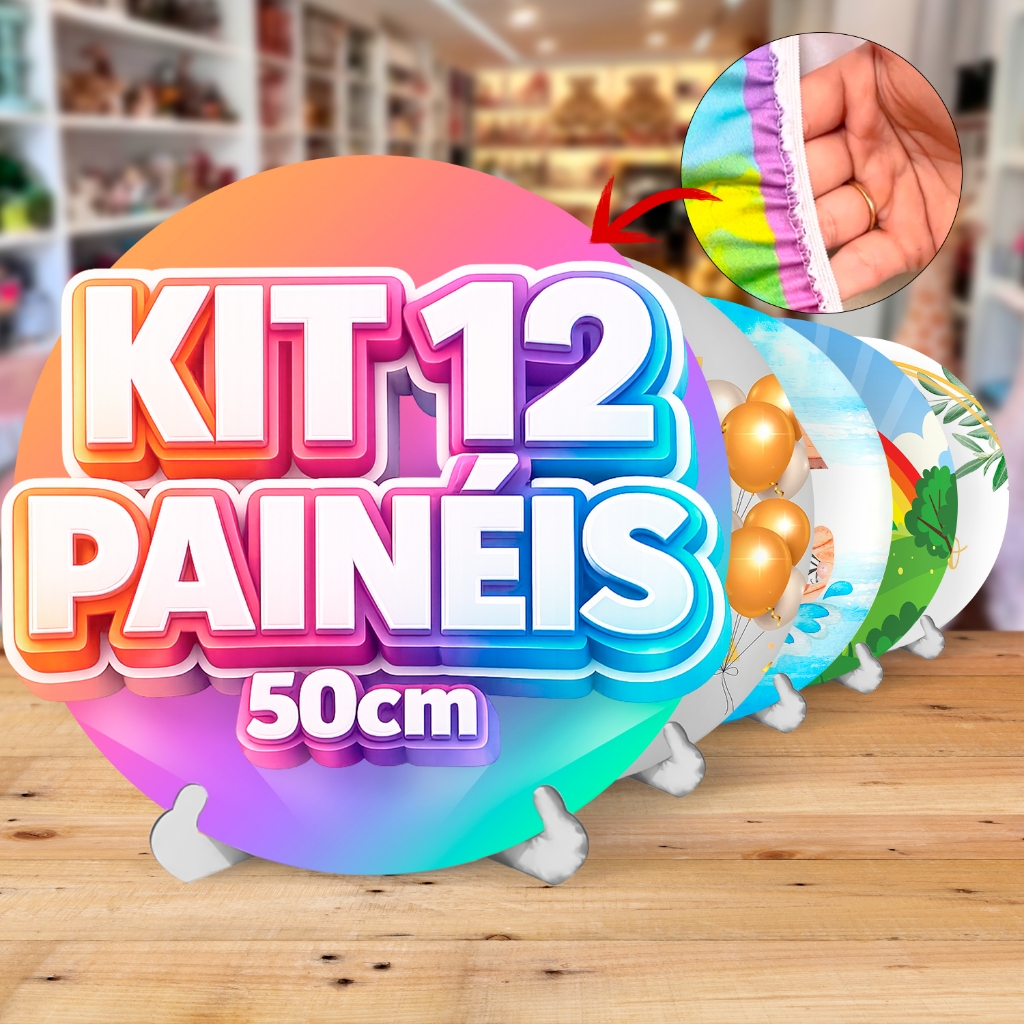 Kit Painéis Redondo 50x50 com Tecido Sublimado Escolha seu Tema