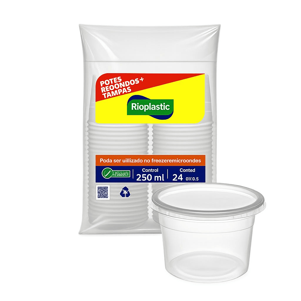 Pote de Plástico Descartável com Tampa 250ml 24un Rioplastic