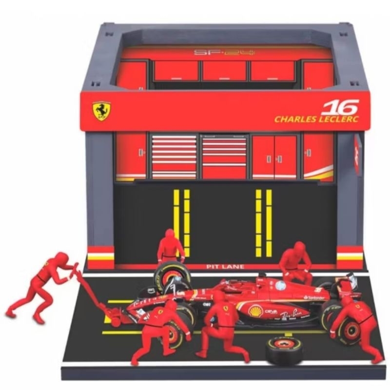 Miniatura Diorama Pit Stop F1 Ferrari SF-24 #16 Charles Leclerc 2024 Bburago Original 1:43 Player Completo