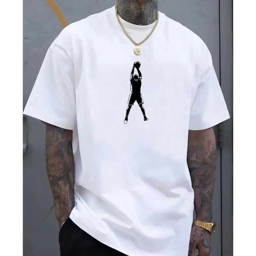 Camiseta 100% algodão casual unissex estampada "Arremesso Basquete" gola redonda ideal para o dia a dia