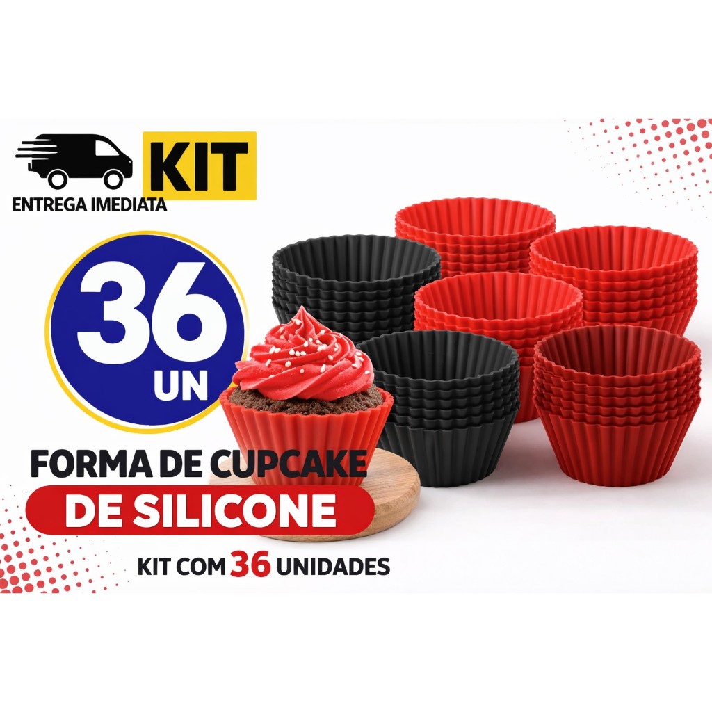Conjunto  36 Forma Silicone Cupcake Muffin Forminha Redonda Air Fry Microondas Assadeira Bolinho Doceria Utilidades