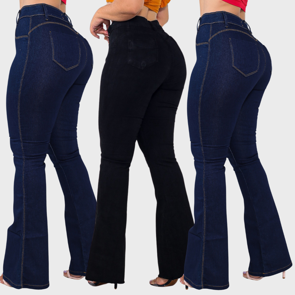 Kit 03 Calças Flare Feminina Jeans Escura Modelagem Empina Bumbum Lycra Cos Alto Boca de Sino