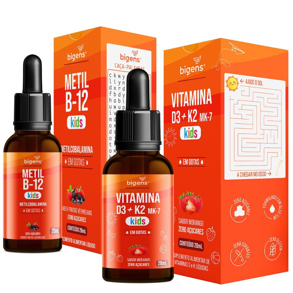 Kit Kids Bigens Metil B12 Metilcobalamina + D3 K2 MK7 em Gotas 2 Frascos 20ml
