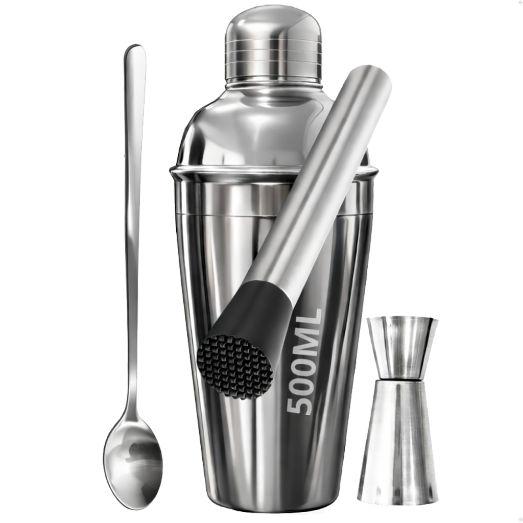 Kit Caipirinha 4 peças Inox Bartender Profissional - Coqueteleira 500ml, Socador, Dosador e Colher