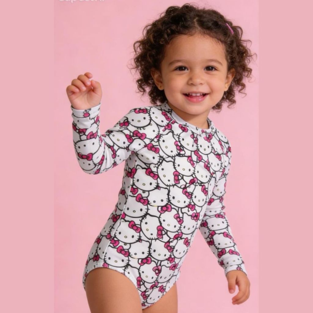 Maio Infantil Hello Kit branco Biquini Moda Praia Juvenil rosa menina natacao forrado protecao uv
