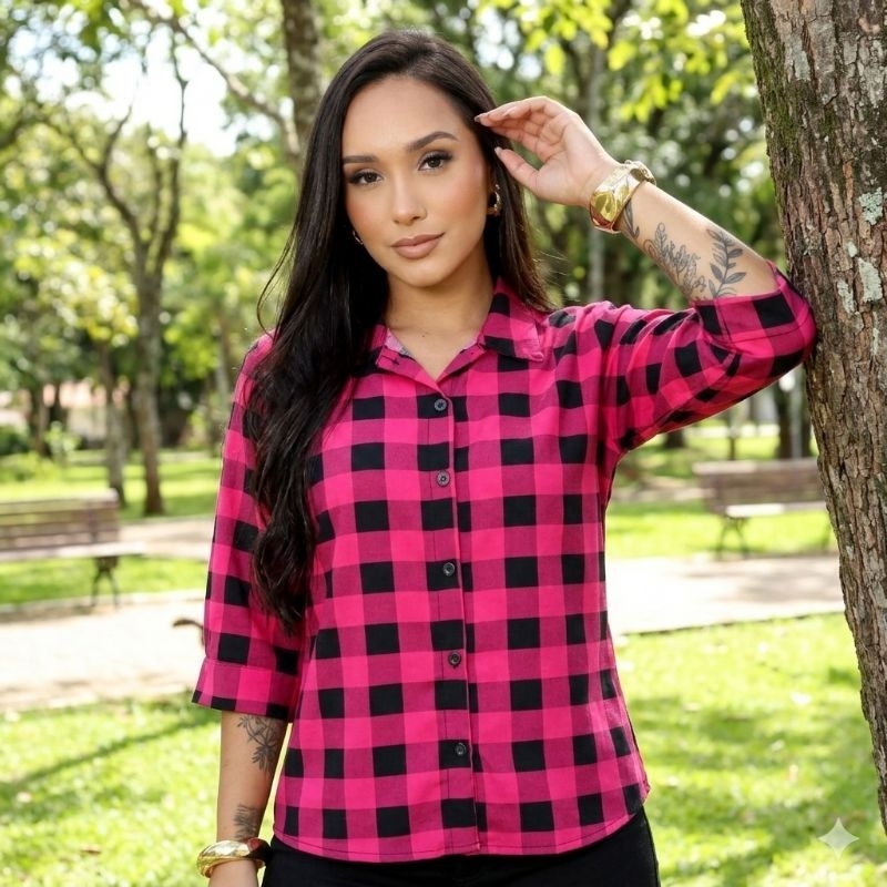 CAMISA FEMININA CREPINHO XADRES MANGA 3/4 COM BOTOES em Oferta na Shopee