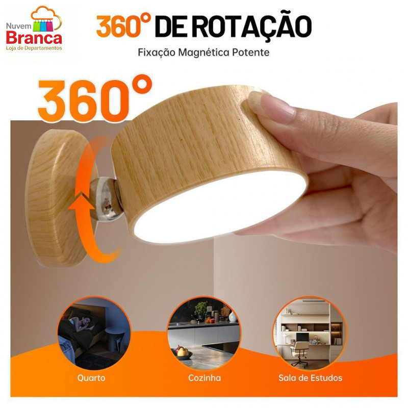 Luminária LED Parede Madeira 360° Magnética Sem Fio Recarregável P/ Leitura Quarto Adesiva Sem Furo Nuvem Branca