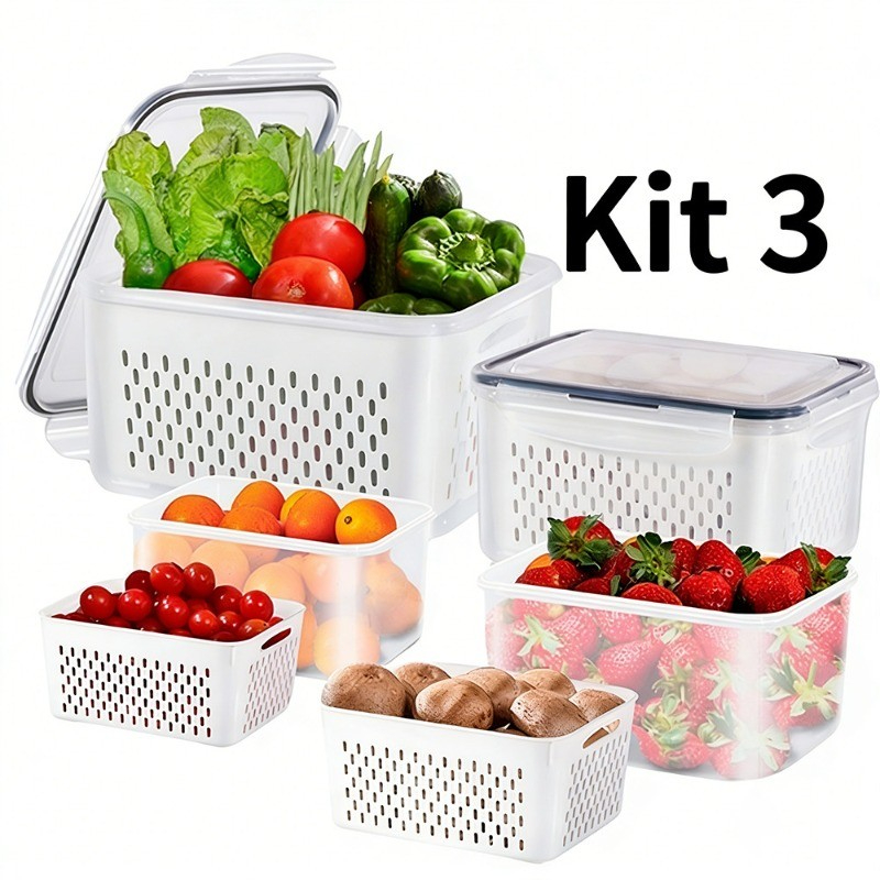 🔥🔥🔥Kit 3 Potes Organizadores Geladeira Herméticos Cozinha Alimentos Com Cesto Removível Lavar Frutas Multifuncional