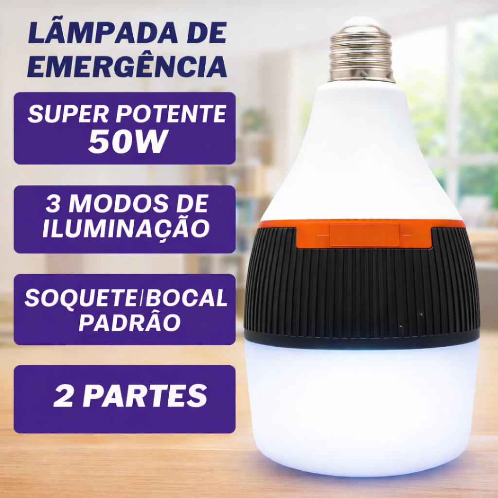 Lâmpada De Emergência 50w 6h Ligada Após Faltar Energia Led Bivolt Removível Pilhas incluídas