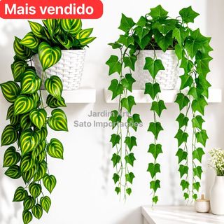 1 Planta Artificial Hera Ivy Pendente + Vaso Vime Trançado BRANCO Arranjo Decorativo Completo Suspenso PT11BRANCO