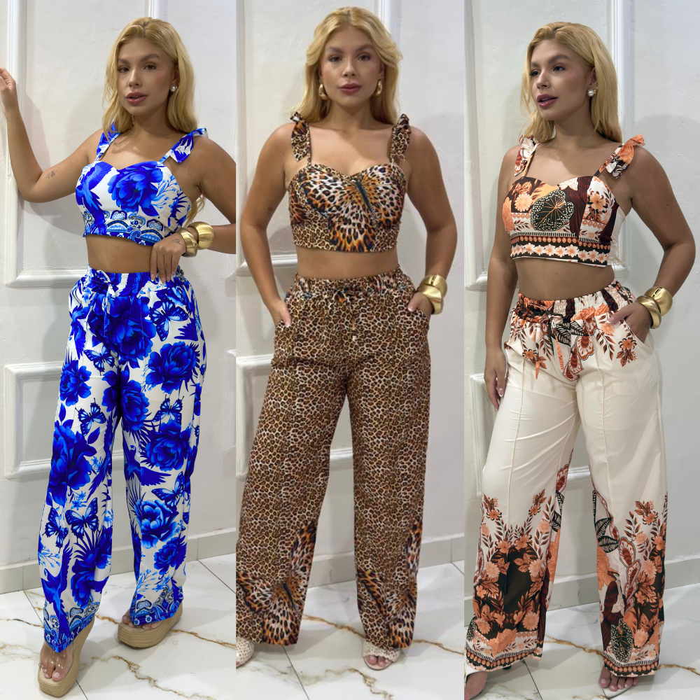Conjunto de calça pantalona, com croped elástico na cintura e dois cintos frontais, proporciona elegância e praticidade