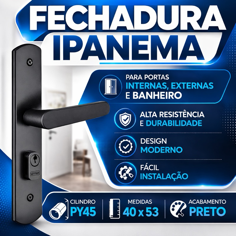 Fechadura Ipanema Reta Preta 40x53 Porta Interna Externa Banheiro Maçaneta Alavanca Preto