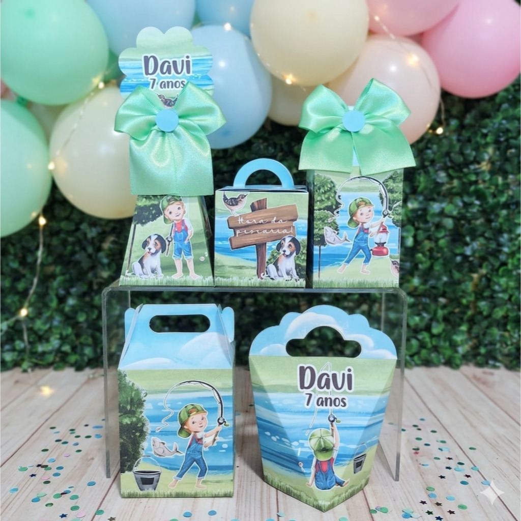 PEGUE E MONTE Kit Caixinhas Personalizadas para Festa Pescaria Pescador Aquarela Lembrancinhas de Aniversário