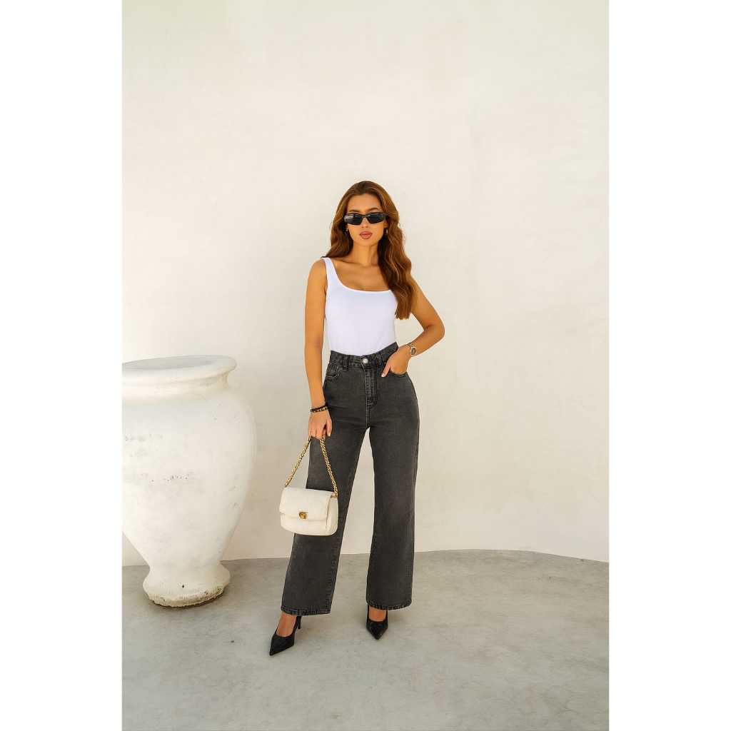 Calça Feminina Wide Leg Jeans Cinza Grafite Cintura Alta Tendência Blogueira Pantalona Sarja Premium