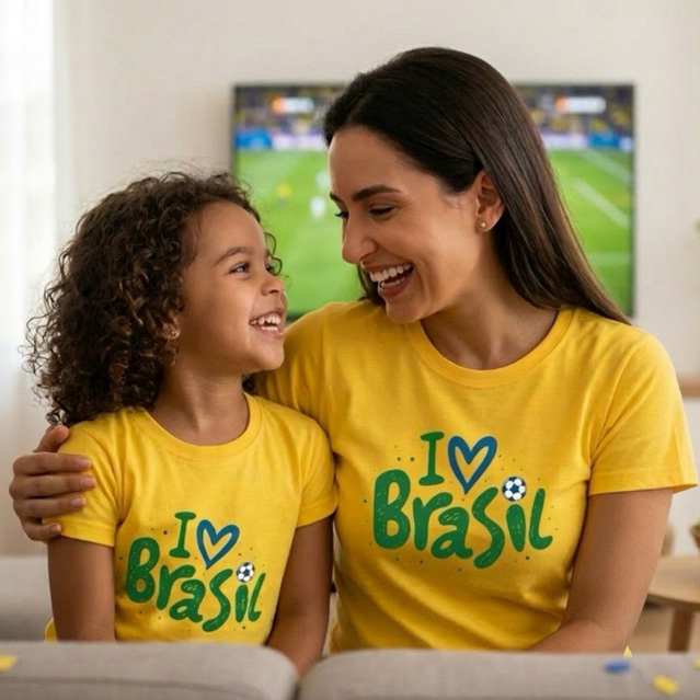 Kit 2 T-shirt Tal Mãe Tal Filha Brasil coração Look Família Torcedora | Camisetas Feminina e Infantil Algodão