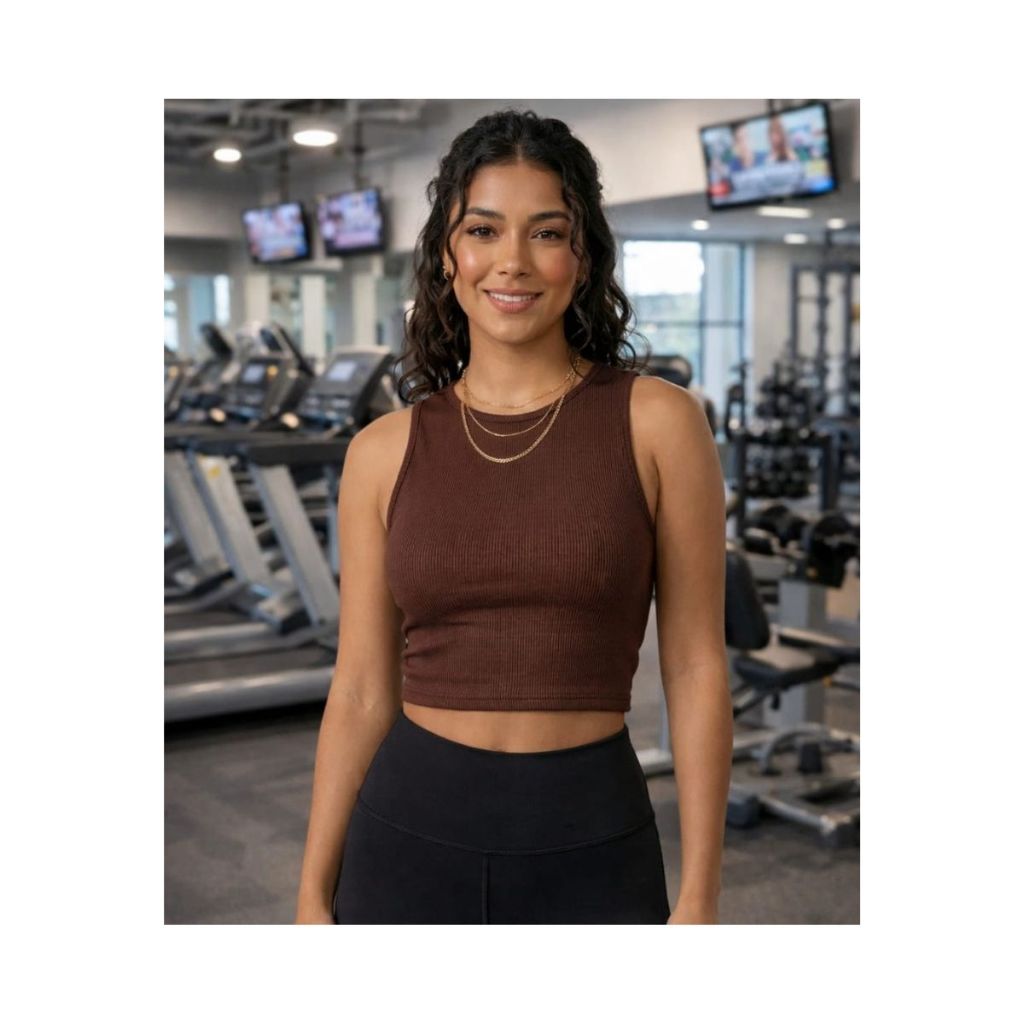 Regata Feminina Malha Canelada Justa Forro Duplo Gola Redonda Cropped Casual E Fitness Academia Estilosa