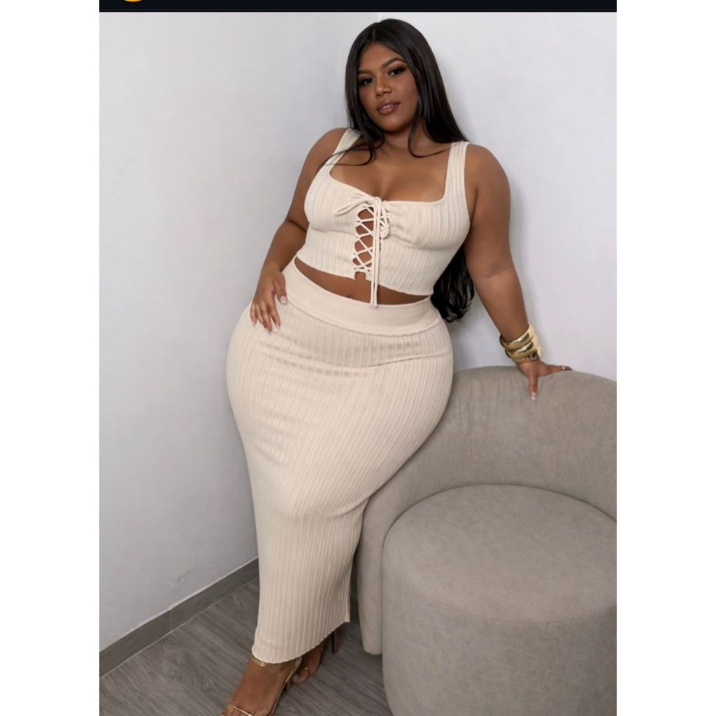 Conjunto Feminino Plus Size Canelado Cropped Amarração + Saia Midi Moda Elegante