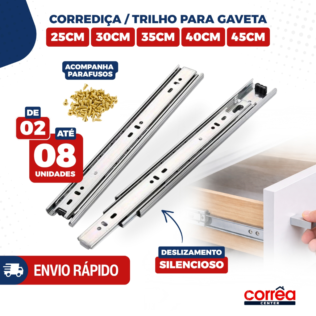 Corrediça Telescópica Trilho para Gaveta com Parafusos – 25cm 30cm 35cm 40cm 45cm – 2 a 8 Unidades em Oferta na Shopee