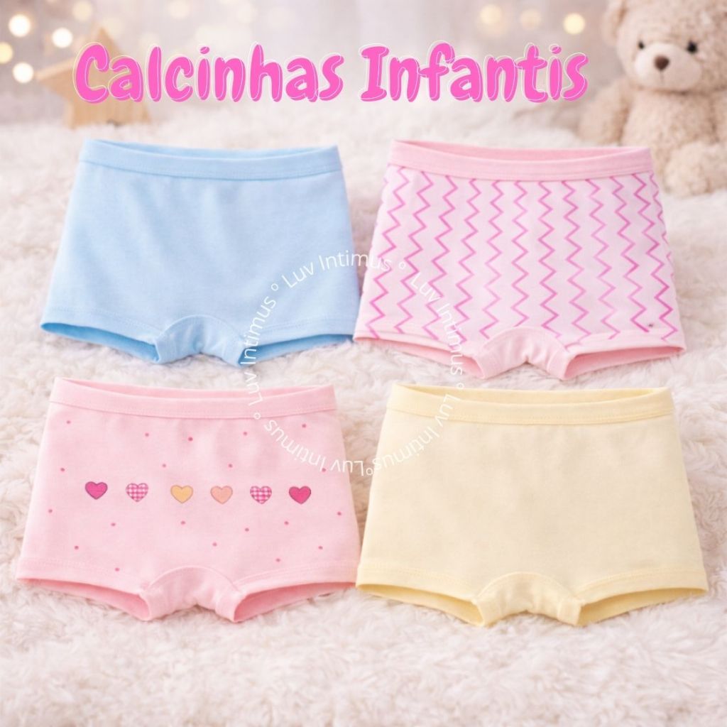 Kit 8,5 ou 3 Calcinhas Boxer Infantil Algodão Premium Menina 2 a 10 Anos