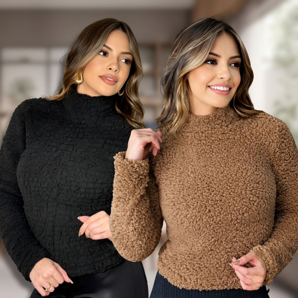 Blusa feminina Casaco Cacharrel Teddy Gola Alta Blusa De Pelinho Inverno Peludo Sherpa Frio