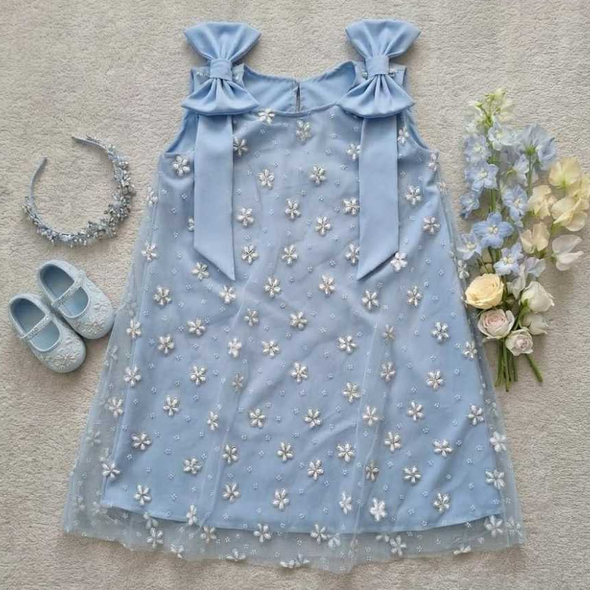 vestido infantil tule Lovely Girl reto solto confortável laços nos ombros estilo primavera verão em Oferta na Shopee