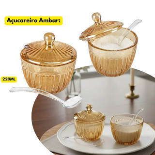 Açucareiro Vidro Ambar C/ Colher 240ML Canelado Açucar Tampa Café Mesa Posta Padaria Resort Hotel