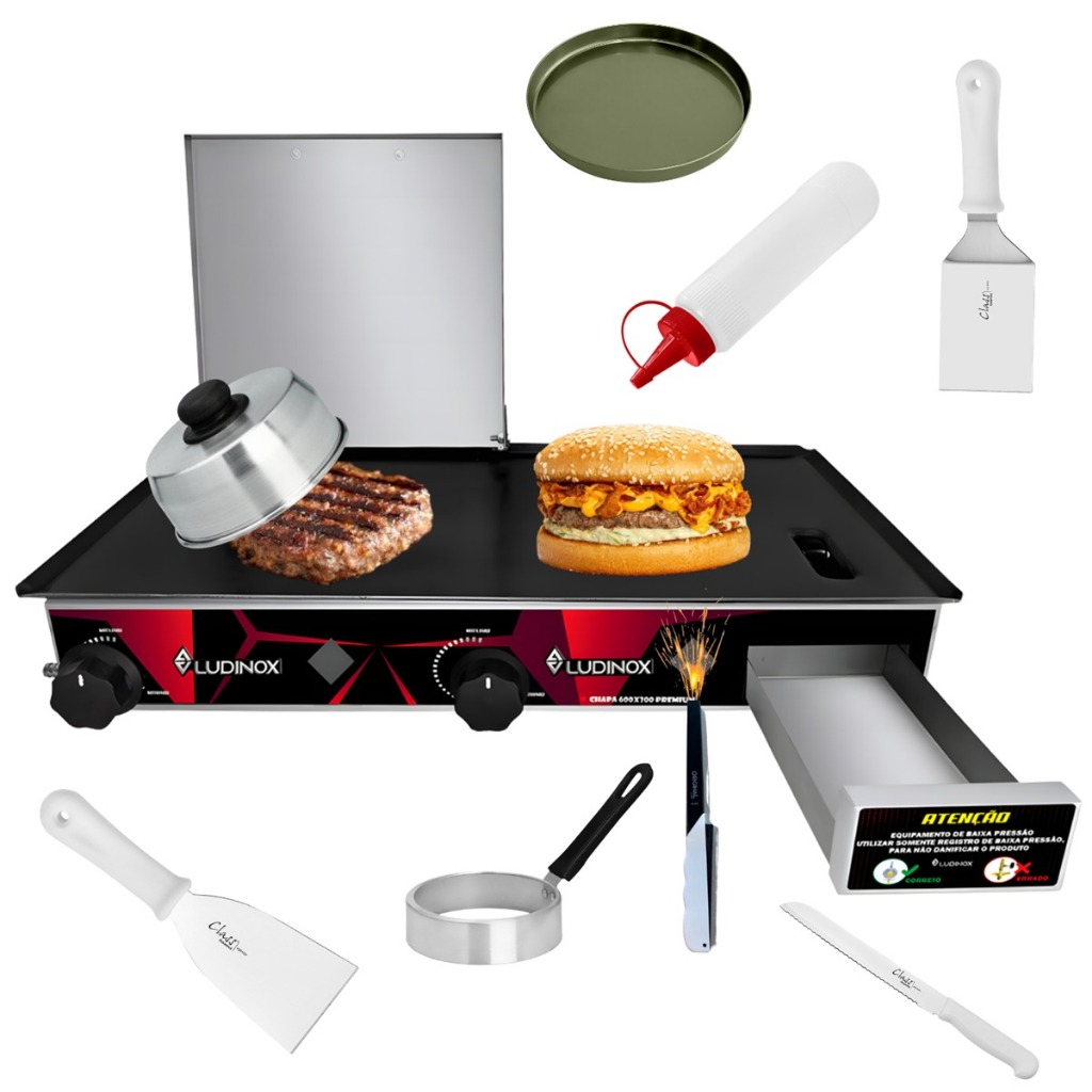 Chapa Para Lanche Hamburguer Hotdog C/Prensa 30x60 + acessórios em Oferta na Shopee