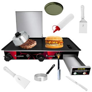 Chapa Para Lanche Hamburguer Hotdog C/Prensa 30x60 + acessórios em Oferta na Shopee