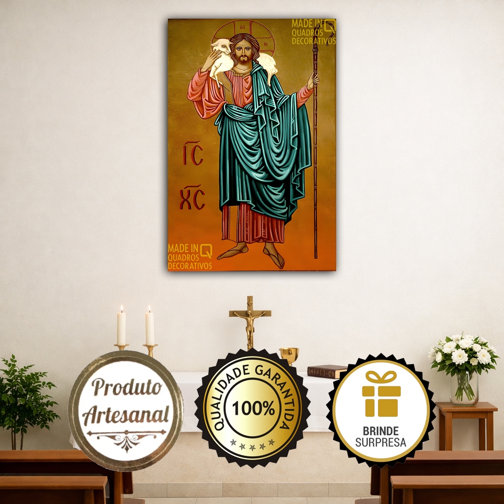 Quadro Decorativo Católico O Bom Pastor, Cristão, Rebanho, Salvação, Vida em Abundância Jesus Cristo