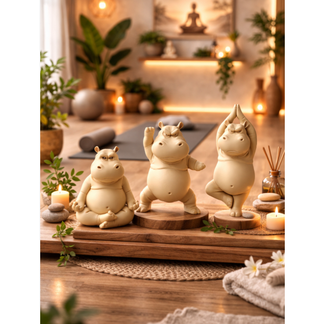 Imagem Hipopótamos Yoga 3D Decorativo Estátua Zen Miniatura Decoração Sala, Escritório e Gamer 6cm 7cm 9cm