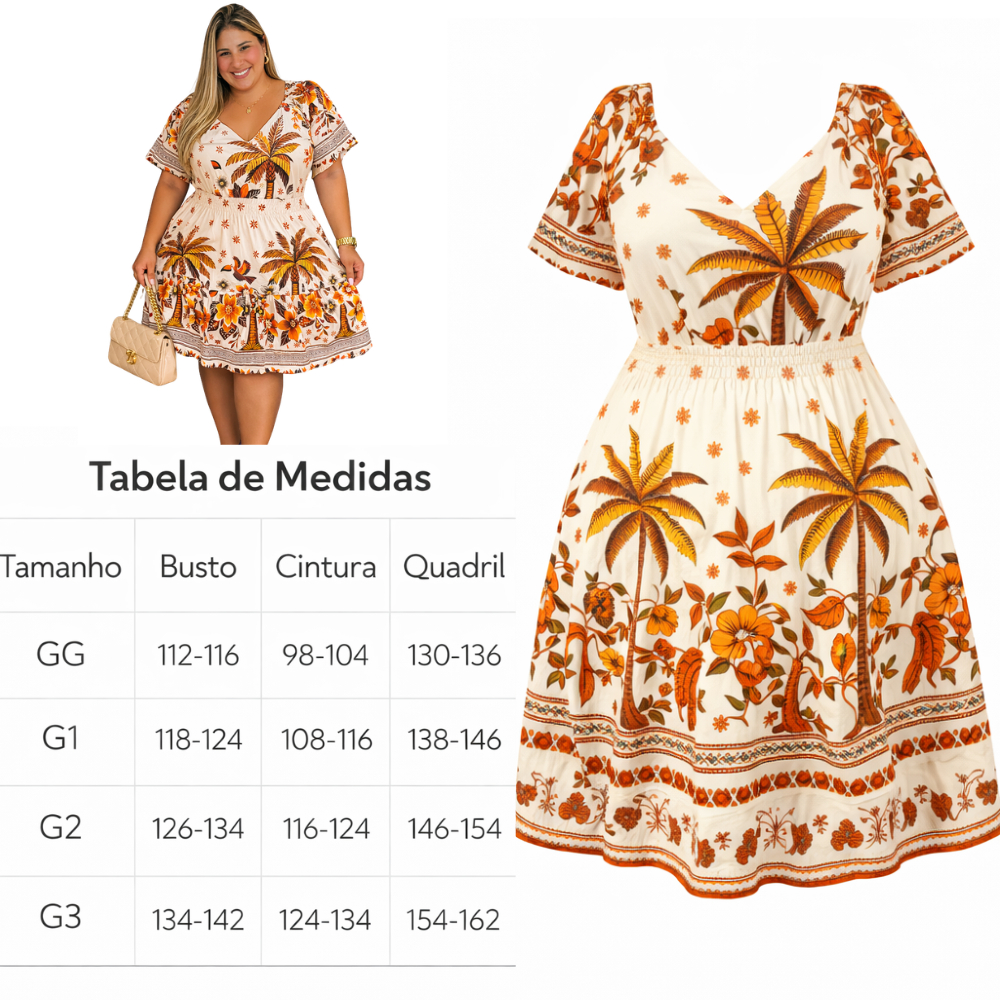 Vestido curto Plus Size Feminino Midi Estampado lovit Boho Chic com Babados – Elegância e Conforto vestido verão 2026,