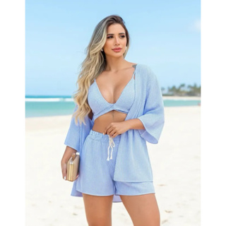 Conjunto kit Kimono 3 peças feminino moda praia moda blogueiras em Oferta na Shopee