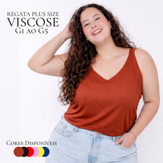 Blusa Regata Feminina Plus Size Alça Larga Decote V Viscose Lisa Básica G1 G2 G3 G4 G5