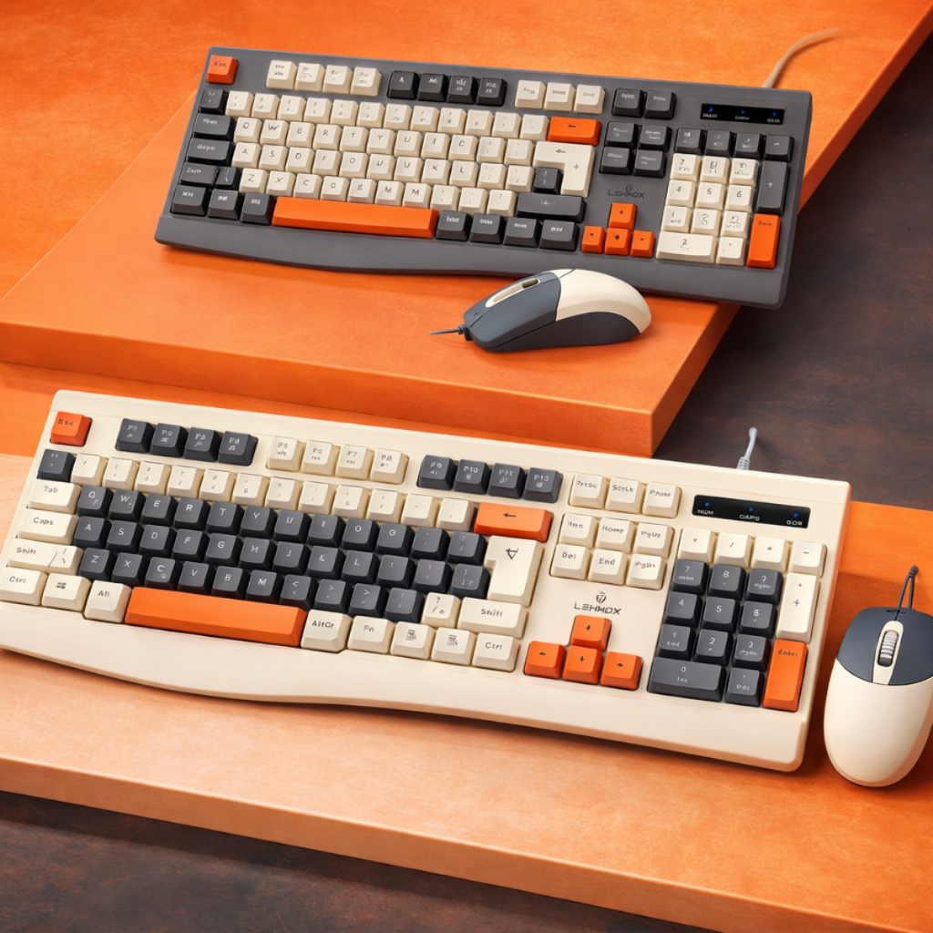 Kit Teclado Mouse Optico Silencioso Com Fio Retrô Preto Bege USB ABNT2 Estilo Vintage Colorido