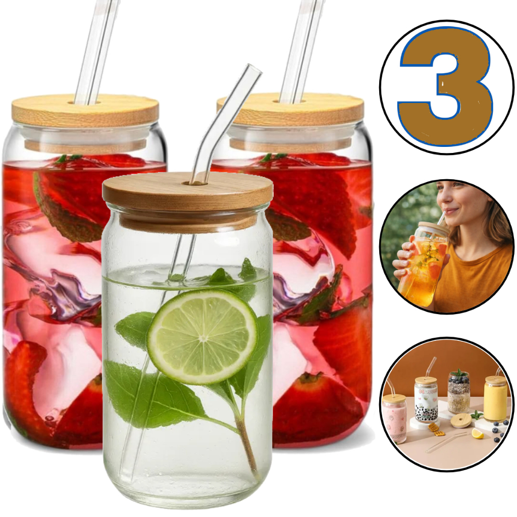 Copos De Vidro Tampa De Bambu Com Canudo 500ml Lata Drinks Bebidas Sucos Café