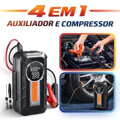 Compressor de Ar Portátil 4 em 1 Sem Fio + Auxiliar de Partida + Power Bank + Lanterna LED Carro Moto