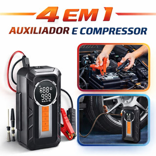 Compressor de Ar Portátil 4 em 1 Sem Fio + Auxiliar de Partida + Power Bank + Lanterna LE…