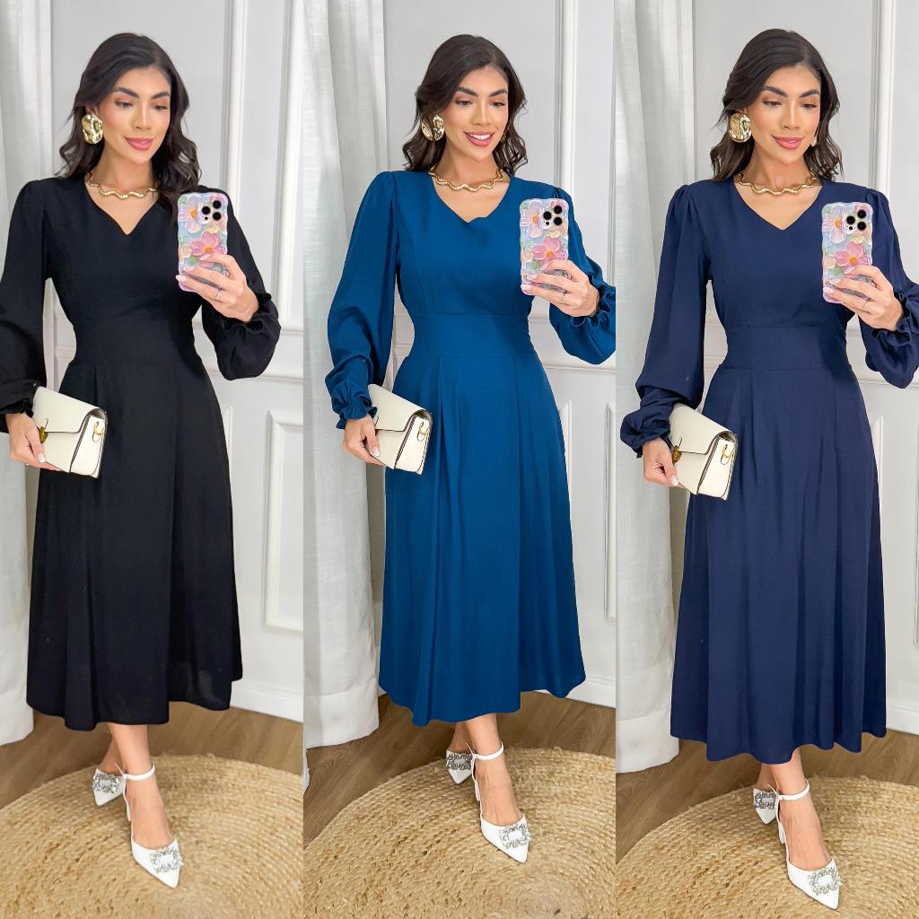 Vestido Midi Feminino Liso Elegante – Manga Longa , Decote V, Casual e Confortável