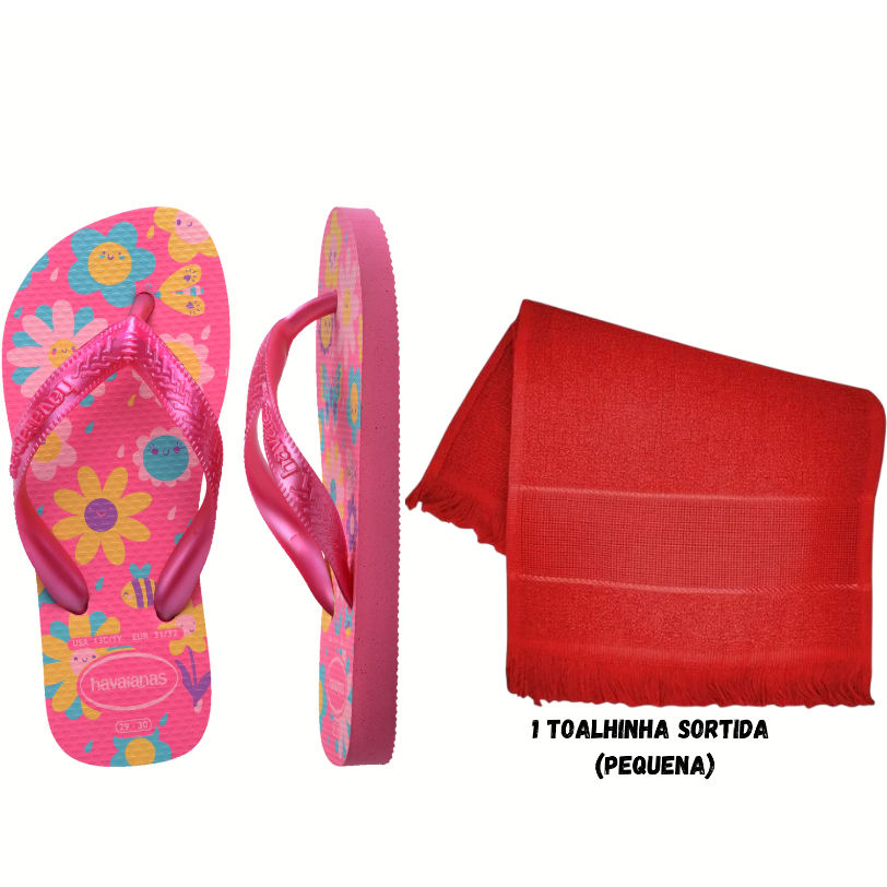 Chinelo Havaianas Infantil Kids Flores Rosa Flux + Uma Toalhinha Sortida em Oferta na Shopee