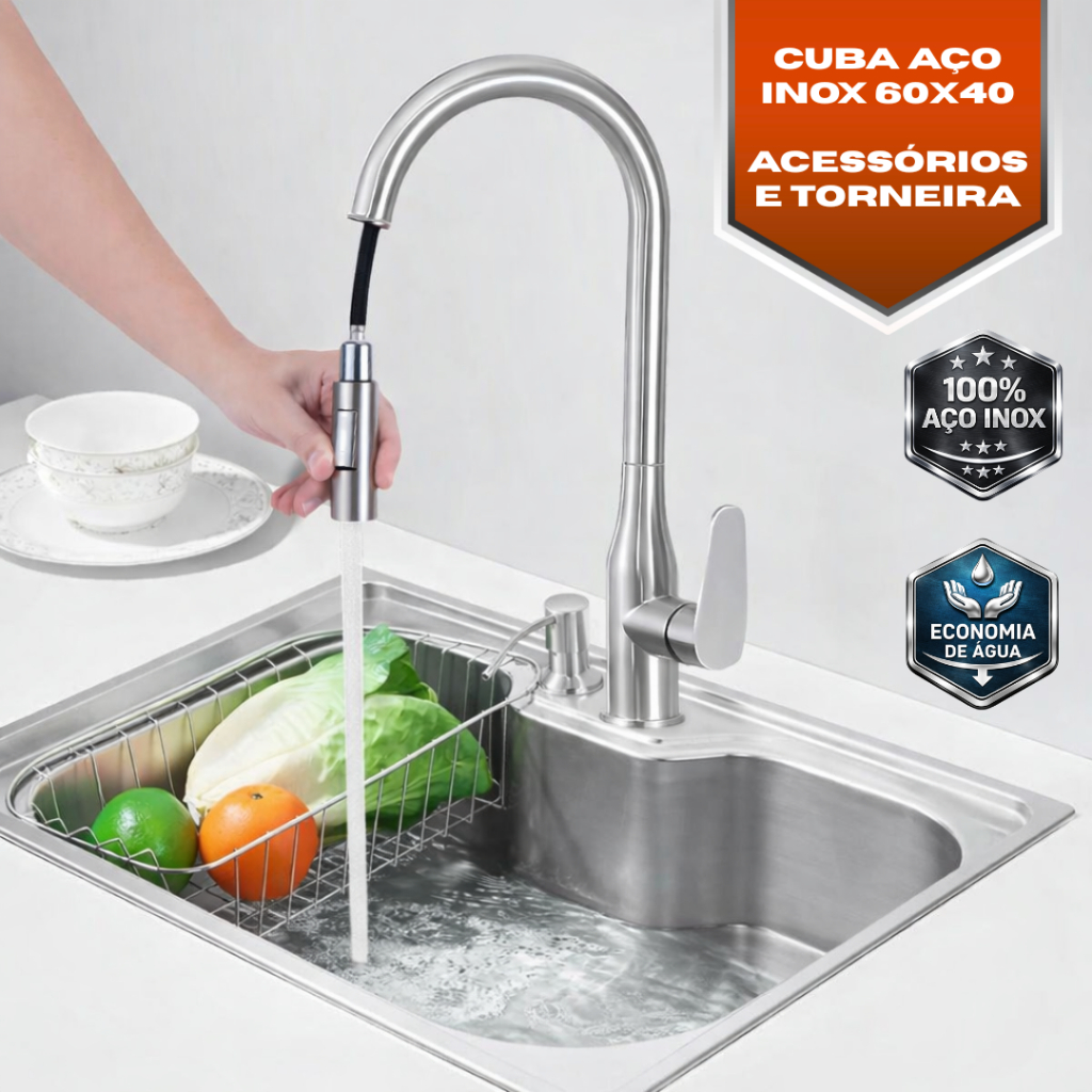 Kit Cuba Pia Cozinha Gourmet Aço Inox 60x40 C/ Torneira Escovada Extensora Monocomando e Acessórios