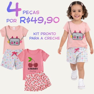 KIT PARA ESCOLA 4 PEÇAS INFANTIL VERÃO CONJUNTO MENINA CONFORTÁVEL COM CAMISETA DE ALGODÃO em Oferta na Shopee