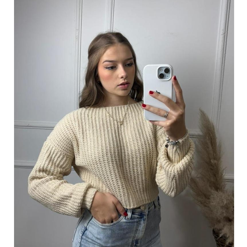 Cropped  Feminino Blusa De Frio Blusas Mousse Ponto Fang Lançamentos Inverno Tricot Tricô Gola Canoa Manga Longa