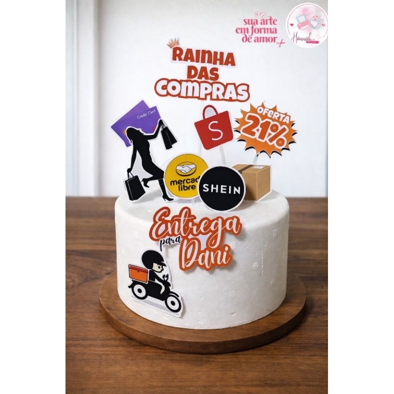 Topo de Bolo Simples Rainha das Compras Personalizado | Decoração Festa Feminina | Compras Shopee Shein Mercado Livre