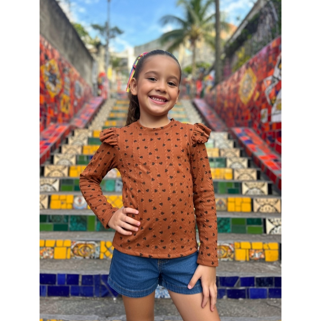 Blusa Feminina Infantil Coração Com Ombro Franzido e Manga Longa Ribana Confortavel Premium